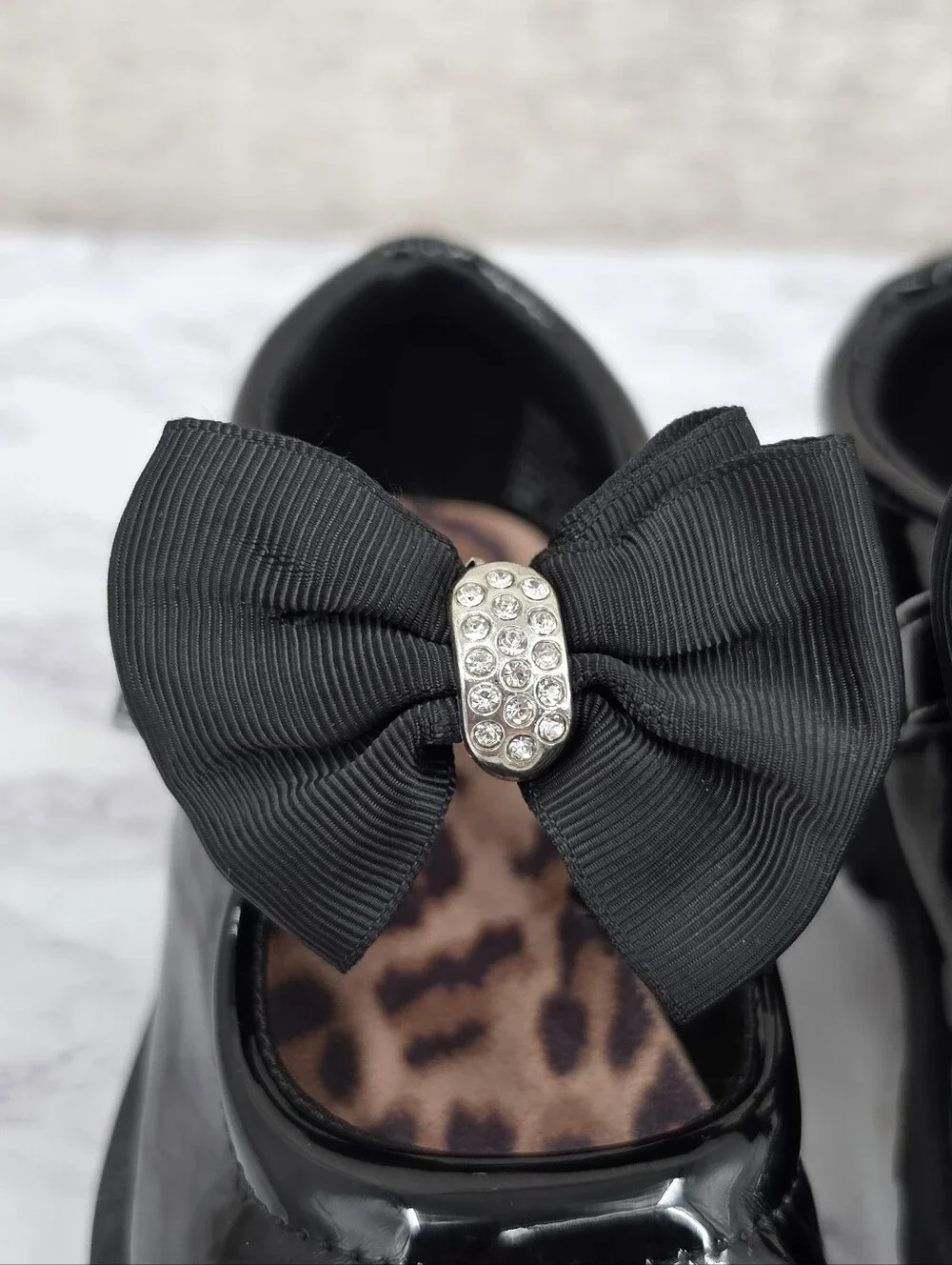 Girls Black Patent Bow Mary Jane Shoes Rhinestone Shoe Clips